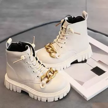 Модные ботинки для девочек с металлической цепочкой, зимние плюшевые детские ботильоны из искусственной кожи на молнии, черные, бежевые хлопковые ботинки 26 бежевый