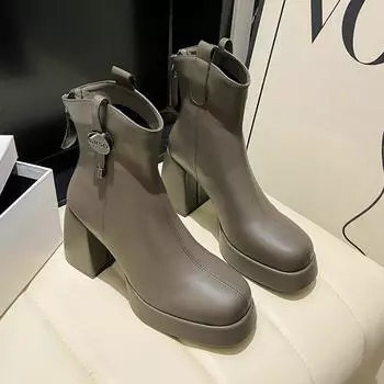 Модные ботинки для женщин, нескользящие, квадратные, каблуки, зимние, однотонные, новинка 2024 года, высококачественные, модные, износостойкие, женские ботильоны для отдыха на открытом воздухе 34 серый