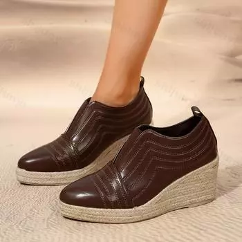 Модные ботинки из искусственной кожи, женские туфли на платформе и танкетке, осень-зима 2024 года, высокие каблуки, теплые меховые ботильоны, остроносые офисные туфли-лодочки 36 чёрный