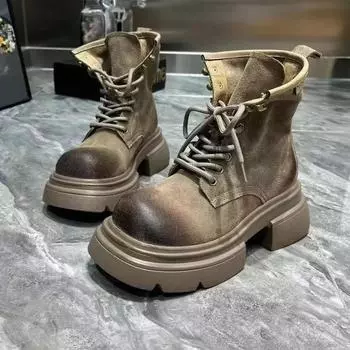 Модные ботинки из матовой лакированной кожи на шнуровке, женская обувь, новые короткие ботинки в стиле ретро для мотоциклистов, рабочие ботинки с толстой подошвой, Zapatos De Mujer 35 хаки