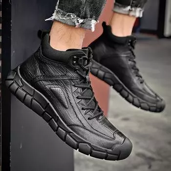 Модные ботинки из натуральной кожи в стиле ретро, базовые ботинки для мужчин, повседневные теплые кроссовки для снега, нескользящие кроссовки для ходьбы, универсальные черные ботинки для мужчин 38