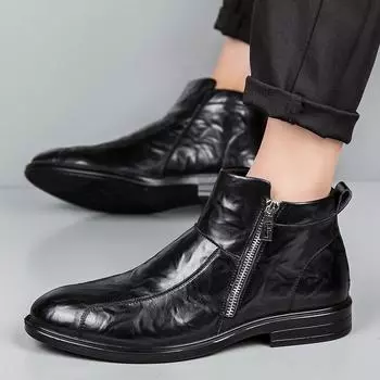 Модные ботинки Мужская зимняя обувь Черные кожаные ботинки Мужская обувь Теплые плюшевые меховые зимние ботинки для мужчин Zapatos Hombre 38 чёрный