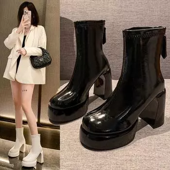 Модные ботинки на грубом каблуке, женские, осенне-зимние, с небольшим увеличением высоты, с высоким каблуком и молнией сзади, модные короткие ботинки 35