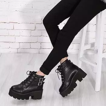Модные ботинки на шнуровке 2024 года, модные ботильоны на толстом каблуке, женские туфли на высоком каблуке, осенне-зимняя женская обувь, панк-ботинки, туфли на платформе 25 4 чёрный