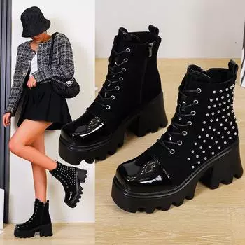 Модные ботинки на толстом каблуке, нескользящие, износостойкие и тонкие, со шнуровкой. Новые модные ботинки для женщин на осень и зиму 2024 года. 36 чёрный