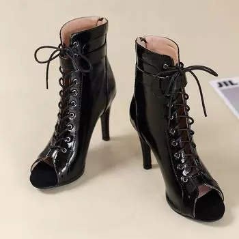 Модные ботинки на тонком каблуке со шнуровкой для женщин 2024 года, новинка, горячая распродажа, летние женские туфли на среднем каблуке, женские ботинки из искусственной кожи с застежкой-молнией сзади, Zapatos 35 чёрный