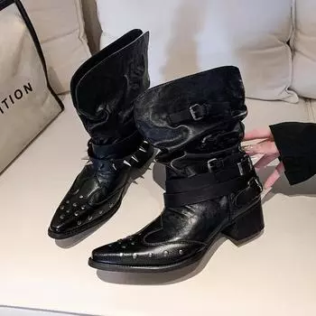 Модные ботинки нового стиля Весна и Осень Острый носок Металлическая пряжка с заклепками Противоскользящие Износостойкие Квадратный каблук Ботинки-чулки 35