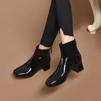 Модные ботинки новый квадратный носок простой темперамент задняя молния квадратный каблук средний каблук женские ботинки коровья лаковая кожа маленькие ботильоны 35