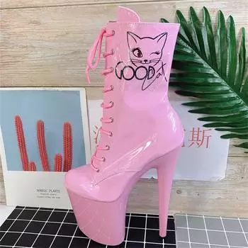 Модные ботинки с круглым носком и рисунком кошки, осенне-зимние низкие женские ботинки, супер высокие, 20 см, модные, дышащие, розового цвета 34 розовый
