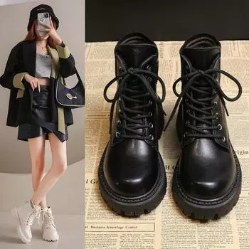 Модные ботинки с круглым носком, зимние туфли на низком каблуке с завязкой спереди, модные весенние и осенние 35 чёрный