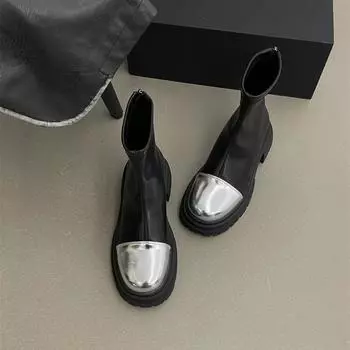 Модные ботинки с квадратным носком и металлической строчкой 2024 года, женские, стильные, на толстой подошве, в мотоциклетном стиле, короткие, черные 35