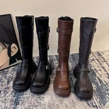 Модные ботинки с пряжкой на толстом каблуке и толстой подошвой для женщин 2024 года, новые модные ботинки Майяра в стиле рыцарских сапог 35 чёрный