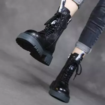 Модные ботинки средней длины из коровьей кожи 2024 года, осень/зима, новые водонепроницаемые ботинки на платформе со шнуровкой, рыцарские ботинки из натуральной кожи в стиле ретро для женщин 35