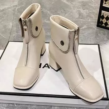 Модные ботинки весна/осень/зима новые повседневные короткие ботинки на толстом каблуке в британском стиле с молнией спереди для женщин 35