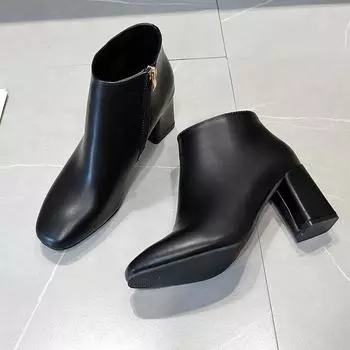 Модные ботинки Женская обувь 2024 Короткие ботинки Весна и осень Ботильоны на высоком каблуке Кожаные ботинки Женские ботинки с толстой боковой молнией 34 чёрный