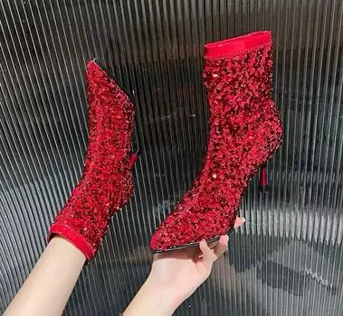 Модные ботинки, женская обувь, высокие каблуки, ботильоны для женщин, красные, блестящие, панк, готика, острый нос, элегантный каблук, стриптизерша, танец, свадьба, невеста 35 серебряный