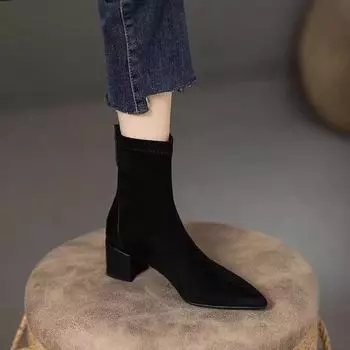 Модные ботинки женские с острым носком из эластичной замши PU Pacthwork короткие женские облегающие туфли темперамент толстые высокие каблуки ботильоны 34 абрикосовый