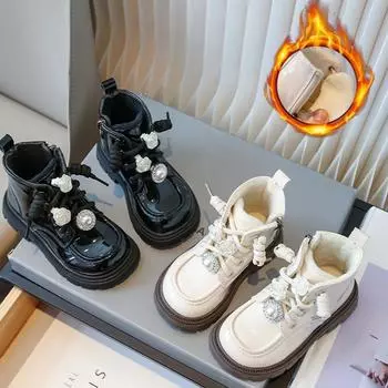 Модные ботиночки для девочек с подкладкой, с цветами, на плоской подошве, для девочек, хлопковая обувь, осень-зима, черные, нескользящие, короткие детские ботиночки 23 чёрный