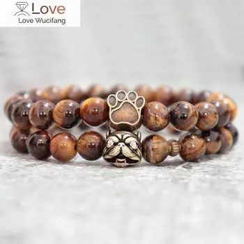 Модные браслеты для мужчин с изображением французского бульдога, 100 % натуральный браслет из лавы и тигрового глаза, парные браслеты с бусинами в виде собачьего когтя, аксессуары