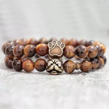Модные браслеты для мужчин с изображением французского бульдога, 100 % натуральный браслет из лавы и тигрового глаза, парные браслеты с бусинами в виде собачьего когтя, аксессуары
