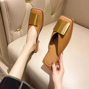 Модные брендовые дизайнерские женские тапочки, модные мюли с металлической пряжкой, плоские каблуки, квадратный носок, неглубокие туфли, уличные сандалии, женские повседневные сандалии 35 бежевый