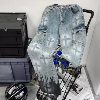 Модные брендовые джинсы High Street Flame Cross Wash, мужские прямые брюки с широкими штанинами XXXL