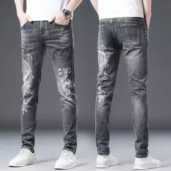 Модные брендовые джинсы с вышивкой букв для мужчин, весенние новые серые прямые эластичные брюки-трубы для мужских брюк с принтом 28