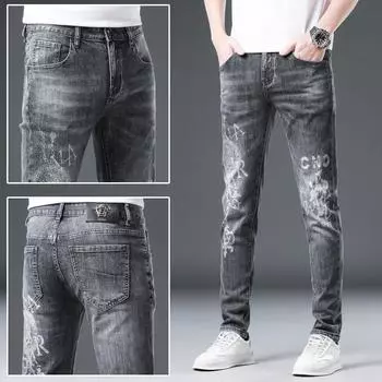 Модные брендовые джинсы с вышивкой букв для мужчин, весенние новые серые прямые эластичные брюки-трубы для мужских брюк с принтом 28