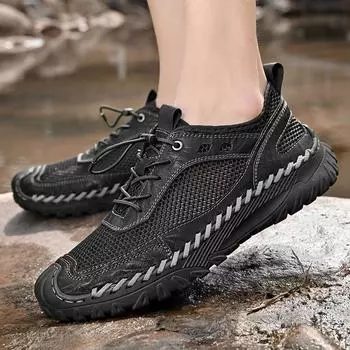 Модные брендовые летние мужские новые дышащие сандалии ручной работы из воловьей кожи с сеткой, классические нескользящие походные туфли для походов по воде 38 чёрный