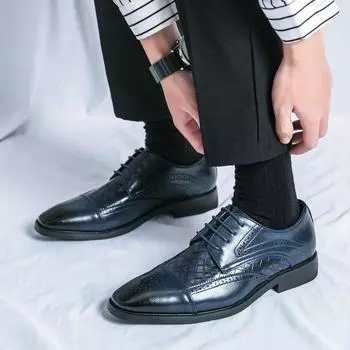 Модные брендовые мужские кожаные туфли на шнуровке Blok Carved Woven Business Formal Shoes Осенние новые удобные свадебные туфли для жениха 38 чёрный