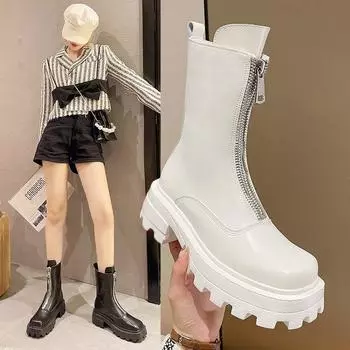 Модные брендовые женские ботинки на молнии с квадратным носком, женская обувь на среднем каблуке, верхняя одежда на платформе, зимние кожаные утолщенные ботильоны Botas De Mujer 35 белый
