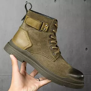 Модные брендовые зимние ботинки на шнуровке с мехом высокого качества плюс бархатные туфли в ковбойском стиле для мужчин с толстой подошвой из натуральной кожи для активного отдыха TrendBoots 38 хаки
