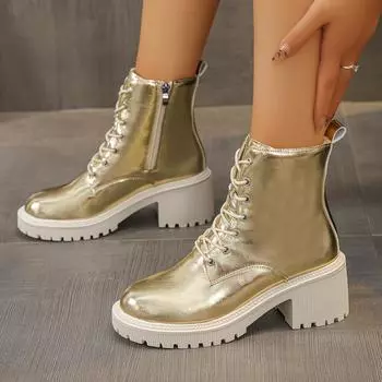 Модные британские ботильоны из серебра и золота, женские ботинки на толстом каблуке с круглым носком, женские ботинки на шнуровке, весна-осень, винтажная обувь на платформе и высоком каблуке 36 серебряный
