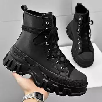 Модные британские мотоциклетные ботинки с высоким верхом на шнуровке, кожаные ботинки 2024 года, осень-зима, новые мужские ботинки до щиколотки 37 чёрный