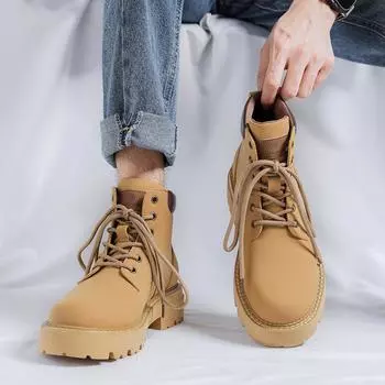 Модные британские сапоги на толстой подошве с высоким верхом, мужские кожаные ботинки, модные мотоциклетные ботильоны, зимние мужские сапоги, популярные желтые сапоги 38 жёлтый