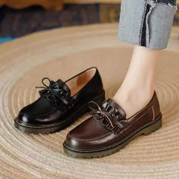 Модные британские женские кожаные туфли весна и осень 2024 новые туфли-лоферы с толстой подошвой черные коричневые ретро ностальгия 34 коричневый