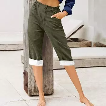 Модные брюки для женщин, однотонные хлопковые льняные модные свободные повседневные укороченные брюки с высокой талией L армия зеленый