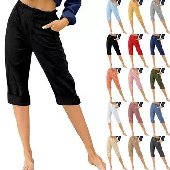 Модные брюки для женщин, однотонные хлопковые льняные модные свободные повседневные укороченные брюки с высокой талией M белый