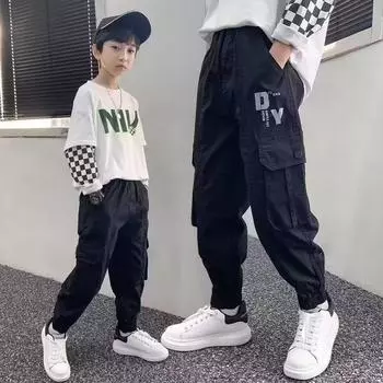 Модные брюки-карго для мальчиков, детские повседневные хлопковые спортивные штаны, трехмерные спортивные брюки с высокой видимостью, детская одежда 170 чёрный