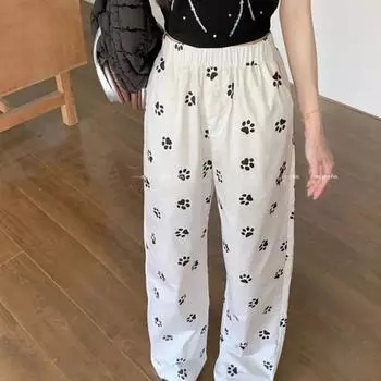 Модные брюки с принтом Y2k для женщин, повседневные летние брюки с эластичной резинкой на талии, корейские свободные прямые широкие брюки, новые брюки M белый