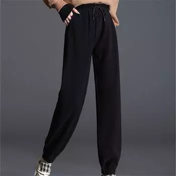 Модные брюки-шаровары с высокой талией, женские однотонные повседневные корейские драпированные черные брюки, свободные брюки с эластичной резинкой на талии и шнуровкой S чёрный
