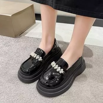 Модные бусины женские нишевые дизайнерские туфли в стиле твида черные балетки осенние новые толстые кожаные туфли французского британского стиля 35 чёрный