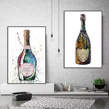 Модные бутылки шампанского, холст, картина, современное граффити, художественный постер и принт, абстрактное настенное искусство для украшения дома в гостиной 21X30cm No Frame