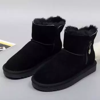 Модные цельные зимние ботинки из натуральной кожи на молнии из шерсти для женщин, зимние короткие утолщенные ботинки из шерсти и хлопка, нескользящие короткие ботинки 35 чёрный