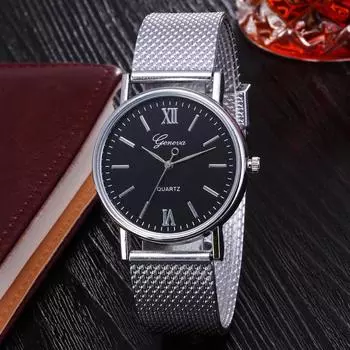 Модные часы-диск со стальным ремешком, женские и мужские часы унисекс для пар, повседневные деловые часы серебряный/чёрный