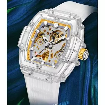 Модные часы для мужчин Sprots Fashion Plastic Transparent Hollow Full Automatic Mechanical Watches Men Waterproof Clock жёлтый