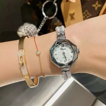 Модные часы с жемчужным браслетом, элегантные женские кварцевые часы со стразами, повседневные простые легкие роскошные часы для женщин