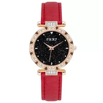 Модные часы Star Glass Face с кожаным ремешком и кружевом для женщин, деловые кварцевые часы красный
