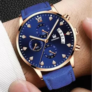 Модные часы унисекс с календарем, кварцевые мужские часы, роскошный хронограф, циферблат из кристалла, деловые наручные часы с кожаным ремешком 1