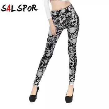 Модные черно-белые леггинсы с головой черепа, молочный шелковый принт, девять брюк, женские леггинсы